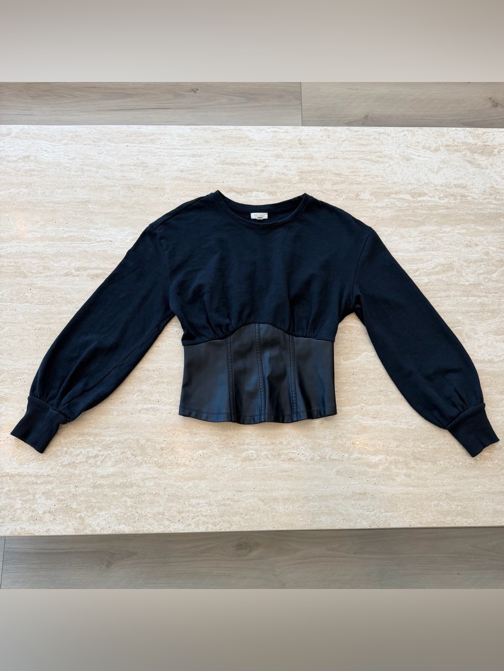Pilcro Black Long Sleeve Sweatshirt with Faux Leather Corset Panel
